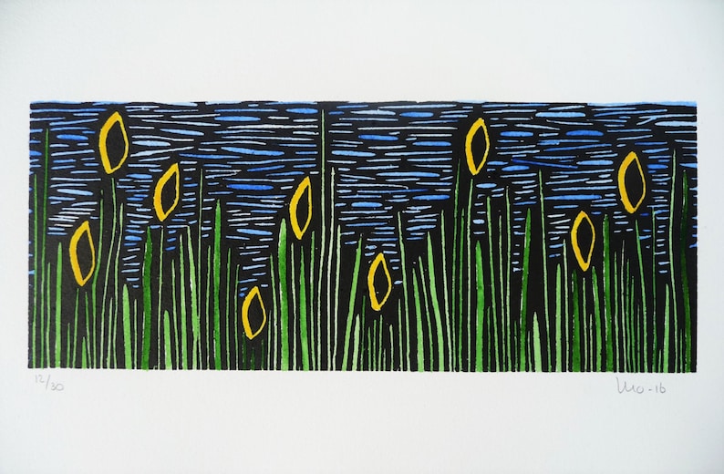 May include: A black and white print of a landscape with yellow flowers and green grass. The print is signed "Wlo - 16" and numbered "12/50".