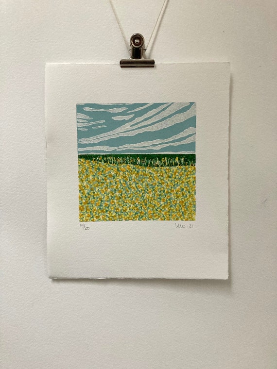 Linocut Flower Field, Original Landscape, Abstract Art, Block Print, Colorful Print, Edition Lino Print, Yellow Art Print, Horizon Art, Gift