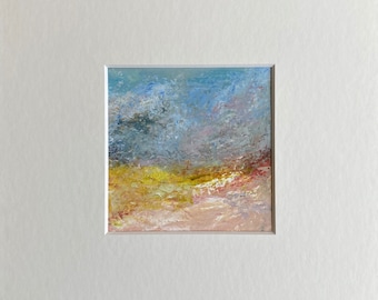 Small Landscape Painting, Matted Art Gift, Abstract Nature Artwork, Impressionist Sunset, Original Wall Art, Colorful Flower Field, Moosart