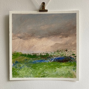Sunset Painting, Original Acrylic Art, Landscape Art, Painting on Paper, Impressionist Art, Tiny Painting, Green Pink Landscape, Small Gift image 1