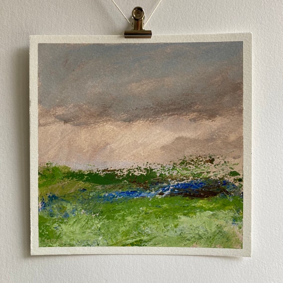 Sunset Painting, Original Acrylic Art, Landscape Art, Painting on Paper, Impressionist Art, Tiny Painting, Green Pink Landscape, Small Gift