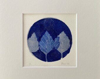 Original Leafs Monotype, Botanical Print, Blue Silver, Tree Art, Gel Print, Small Mounted Art, Anniversary Gift, 9x9, 23 x 23 cm, Moosart