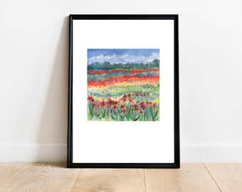 Watercolor Flower Landscape, Small Floral Painting, Original Abstract Painting, Flower Field, Landscape Wall Art, Tiny Art, Small Art Gifts