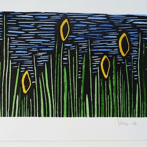 May include: A black and green linocut print of yellow flowers in a field. The print is signed "LJC-16" in the bottom right corner.