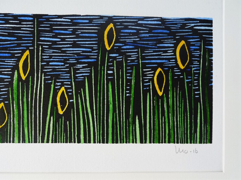 May include: A black and green linocut print of yellow flowers in a field. The print is signed "LJC-16" in the bottom right corner.