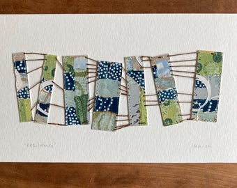 Abstract Collage, Mixed Media Painting, Original Wall Art, Small Home Decor, Geometric Artwork, Green Blue Gift, Embroidery Details