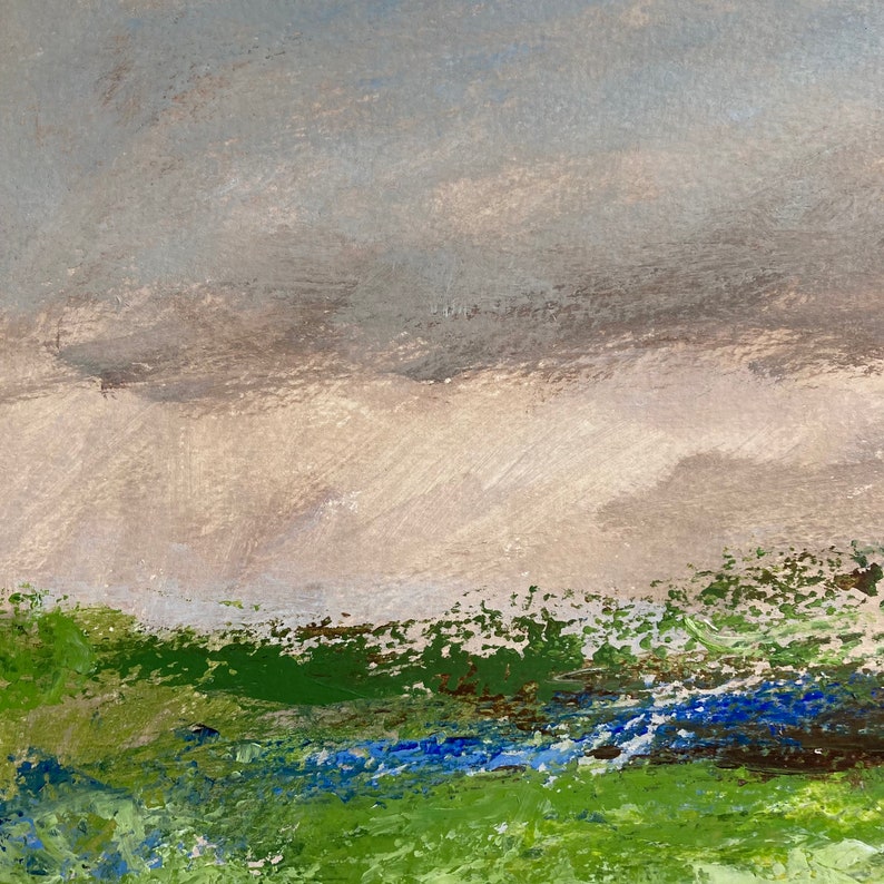 Sunset Painting, Original Acrylic Art, Landscape Art, Painting on Paper, Impressionist Art, Tiny Painting, Green Pink Landscape, Small Gift image 4