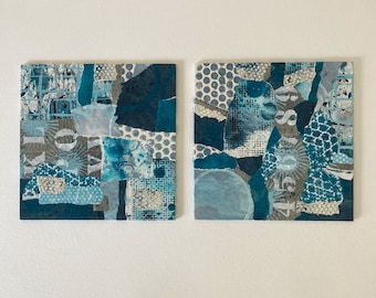 Original Collage Board, Abstract Mixed Media, Small Art, Handmade Paper Collage, 8x8, Blue Green, Set of Two, Square Wall Decor, Tiny Gift