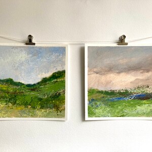 Sunset Painting, Original Acrylic Art, Landscape Art, Painting on Paper, Impressionist Art, Tiny Painting, Green Pink Landscape, Small Gift image 7