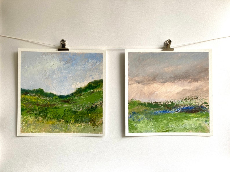 Sunset Painting, Original Acrylic Art, Landscape Art, Painting on Paper, Impressionist Art, Tiny Painting, Green Pink Landscape, Small Gift image 7