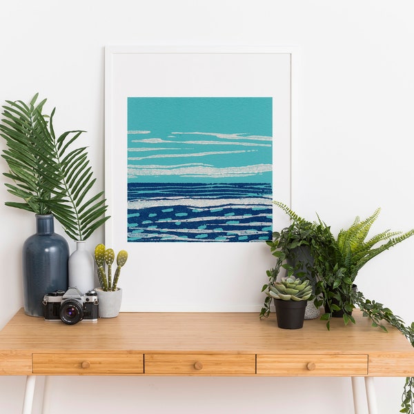 Original Linocut, Abstract Minimalist Print, Lino Print Beach Landscape, Blue Abstract Sea Art Print, Sea Landscape Print, Block Print Art