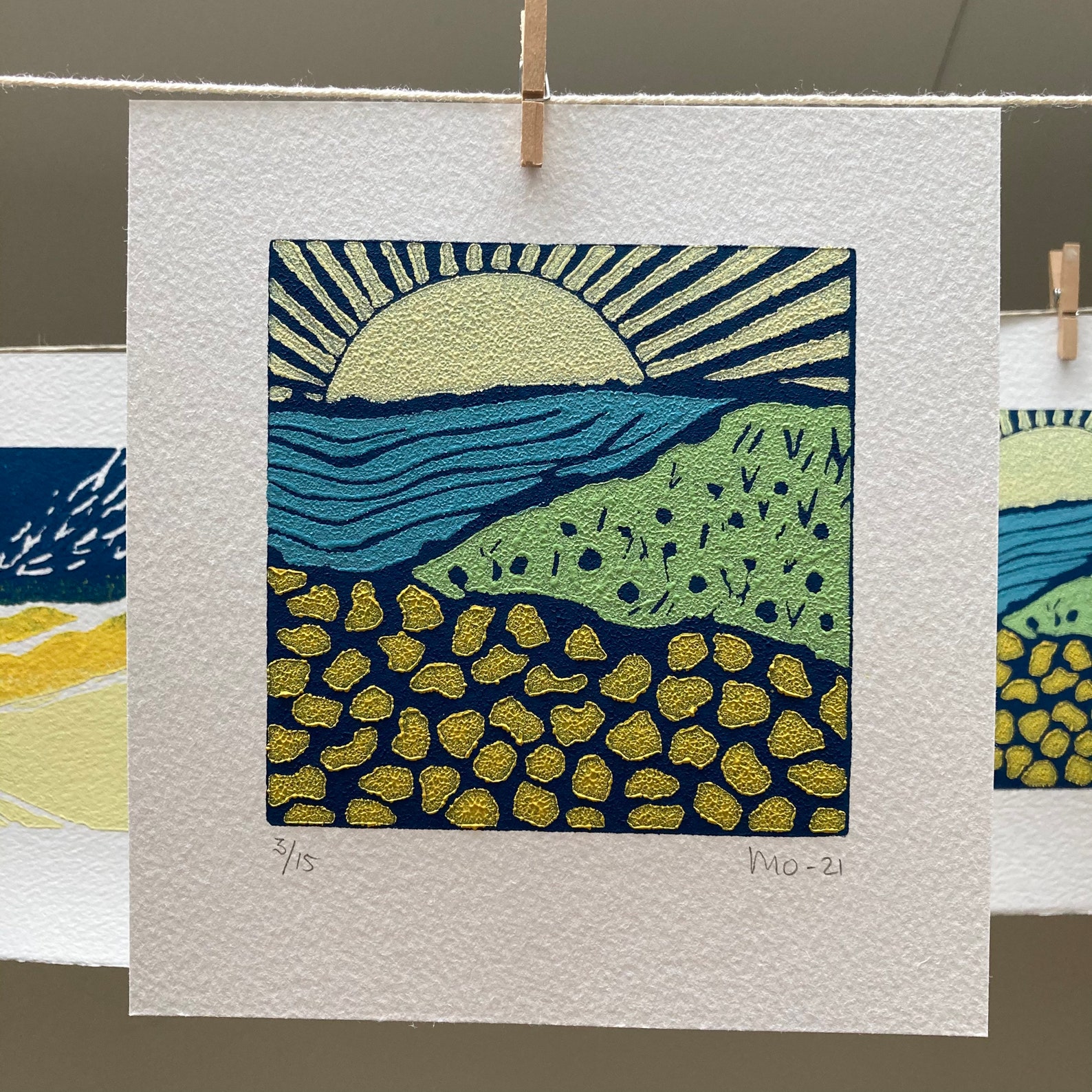 Lino Print Sunrise Art, Small Linocut Landscape, Sunset Art Print