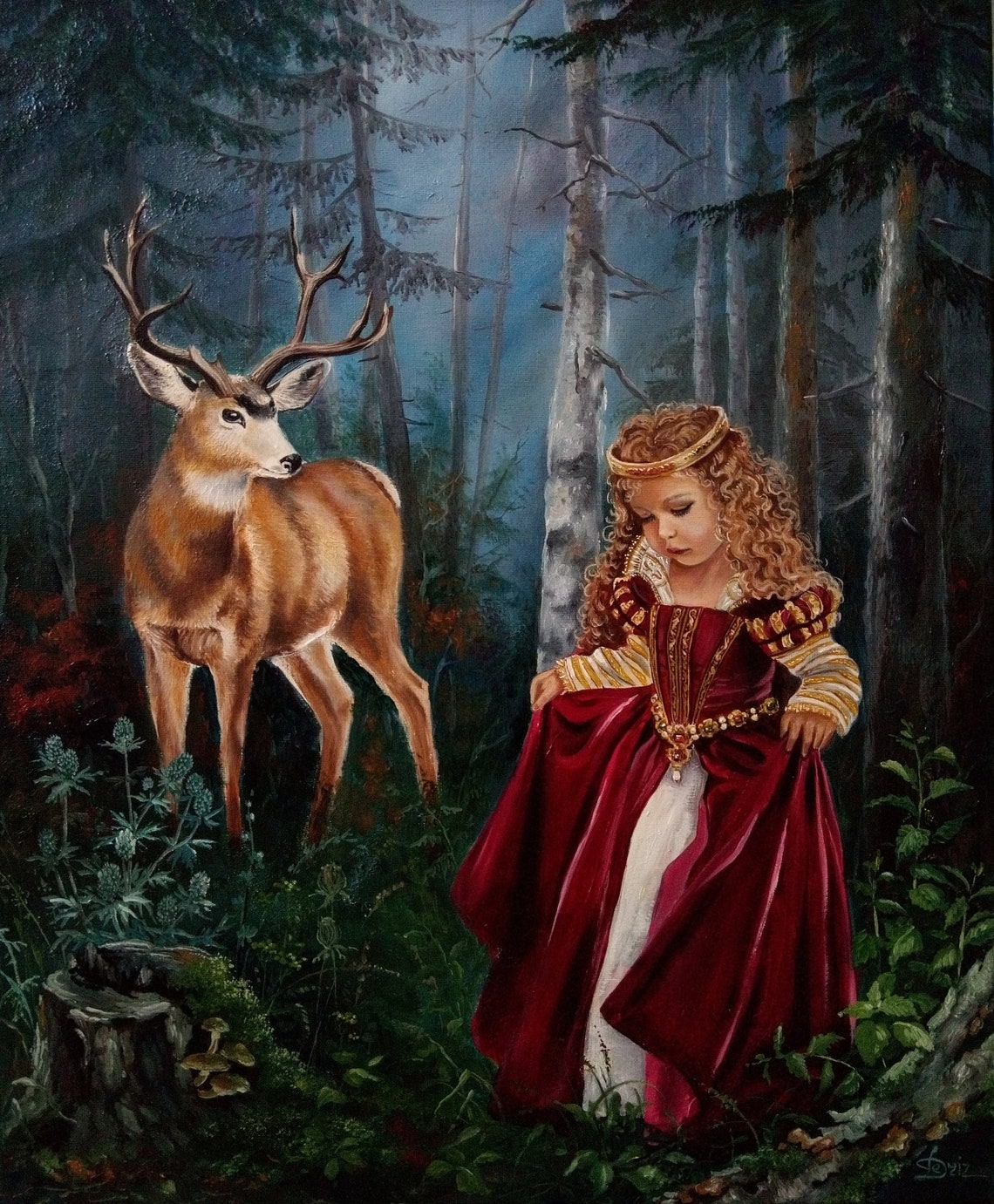 Oil Painting girl and a Deer | Etsy