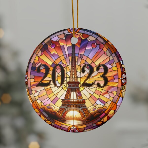 2023 Ceramic Ornament: Eiffel Tower Encased in Gorgeous Stained Glass Design, Encased in Gorgeous Heirloom Keepsake Gift Exchange idea Xmas