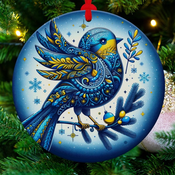 Ukrainian Christmas Ornament, Bird of peace Ukrainian gifts for xmas tree, Ukrainian flag decor Ukrainian ceramic round ornament with string