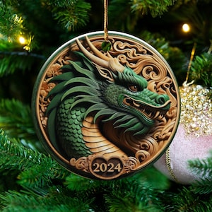 A green dragon head, printed design of skillfully carved from wood, presented in a circular frame Chinese New Year Gift 2024