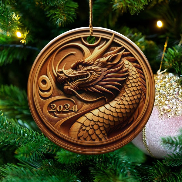 Custom Ornament with wood carved design style featuring the head of a green dragon, presented in a round shape Chinese New Year Gift 2024