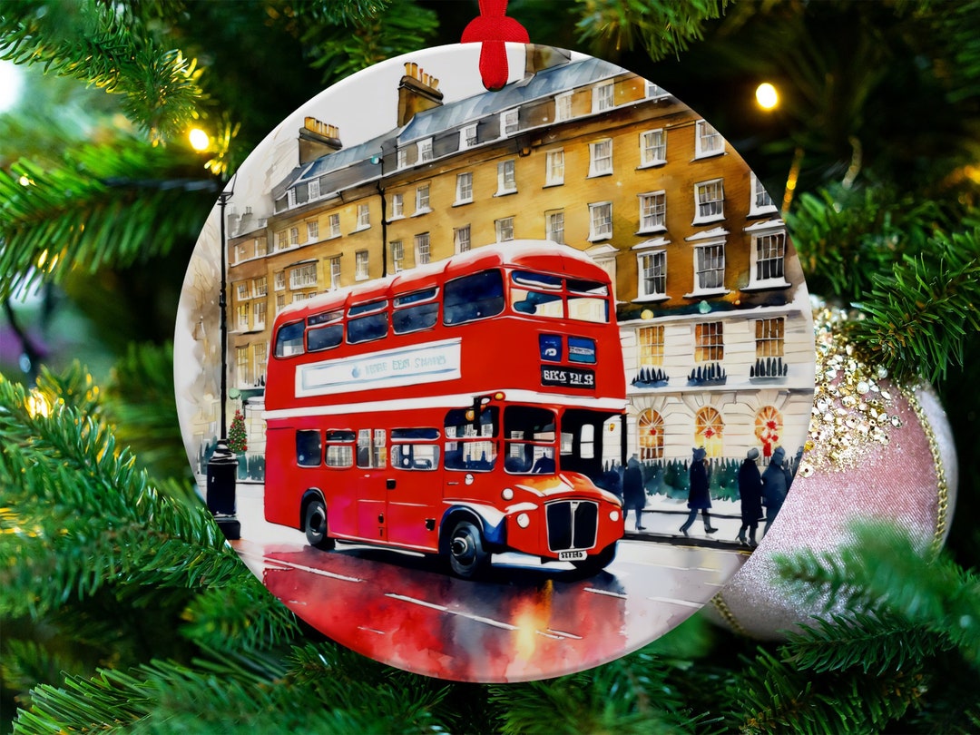 London Bus Christmas Ornament Watercolor Art Print British Holiday