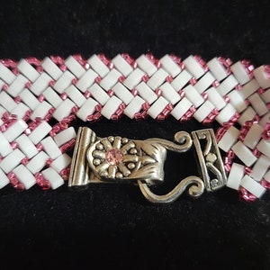 Silver Lined Antique Dark Rose & White Beaded Herringbone Bracelet