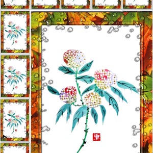 Lot 10 Mini Cartes d'Après Ma Peinture Chinoise Hortensias Tirage Professionnel