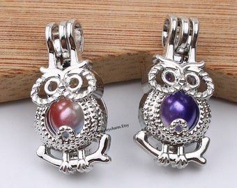 10pcs Dull Silver Mini Cute Owl Pearl Cage for Aromatherapy Essential Oil Diffuser Necklace Jewelry Making Charms