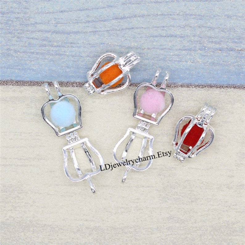 Mini Crown Charms Pendant 10pc Oyster Pearl Cage Bright Silver Locket Aromatherapy Essential Oil Diffuser Necklace Making