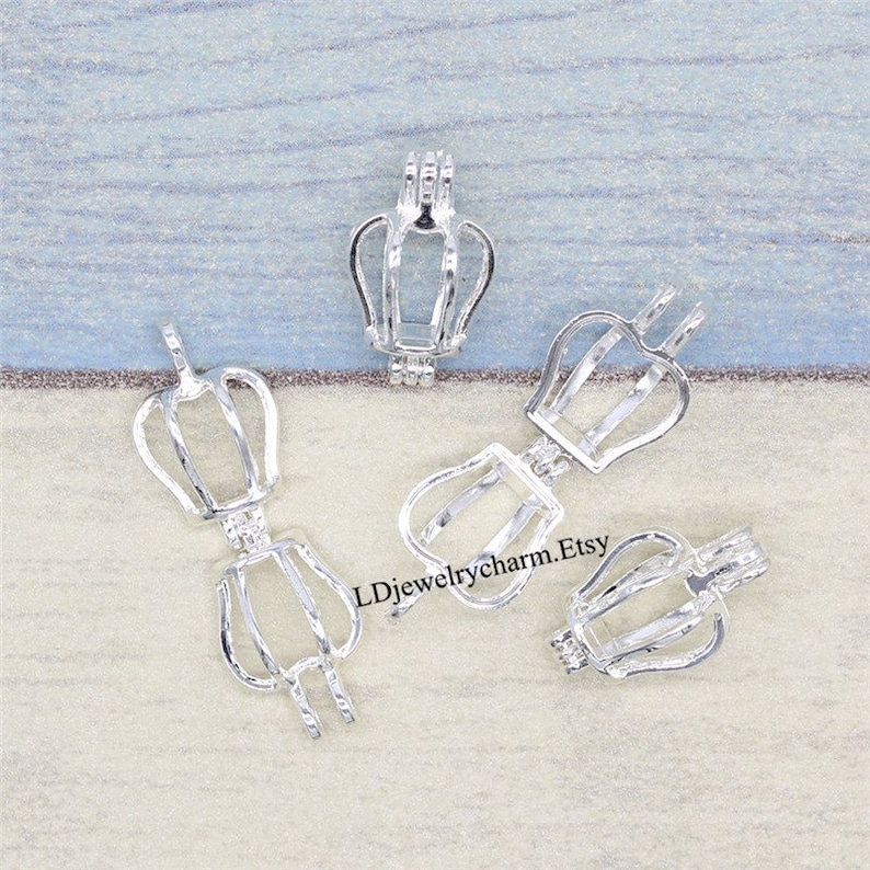 Mini Crown Charms Pendant 10pc Oyster Pearl Cage Bright Silver Locket Aromatherapy Essential Oil Diffuser Necklace Making