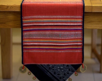 Red stripes and indigo table runner with bee wax printing accent