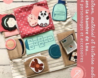 Doll's room sewing kit in fabric to sew yourself with accessories + Audio story included