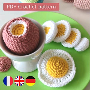 Crochet pattern egg set (boiled egg, fried egg & hard-boiled egg) – a play food Montessori-inspired toy for kids – digital download