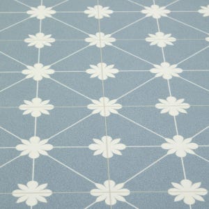 May include: Close-up of a blue tile surface with a repeating pattern of white daisy-like flowers and connecting lines. The tiles are arranged in a grid, creating a geometric design. The overall effect is clean and modern.