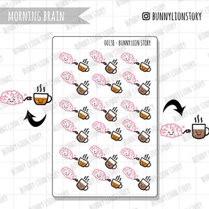 Mózg Budzik Poranny Wzmacniacz Kawa Herbata Miłośnik BFF Planer Naklejka | Uroczy Doodle Scrapbook Dziennik Pamiętnik Agenda Przypomnienie Harmonogram Dekoracja