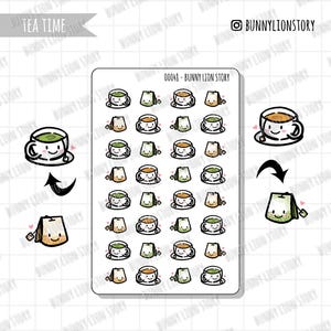 Chá, data, hora, chá verde, chá matcha, chá da tarde | Lindo planejador kawaii, scrapbook, diário, agenda, lembrete, decoração, adesivo bujo