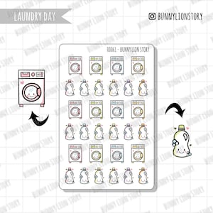 Lavanderia, lavaggio, asciugatrice, faccende domestiche / Carino planner kawaii, foglio di adesivi, album, diario, agenda, promemoria, programma, decorazione