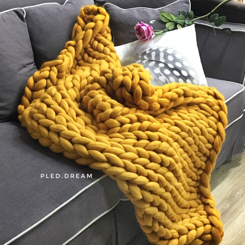 Sale Ocher color chunky merino wool blanket Mustard color Etsy