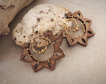 Small ethnic wood creole earrings lotus flower mandala hoops