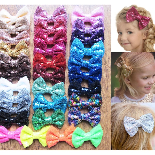 4" New Girls Sequin Glitter Sparkle Hair Bow Alligator Clip Safety Pin Accessories