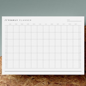 Open Dated Yearly Planner Printable Any Year Calendar 12 Month Overview Minimalist Black White A4 US Letter Instant Download image 1