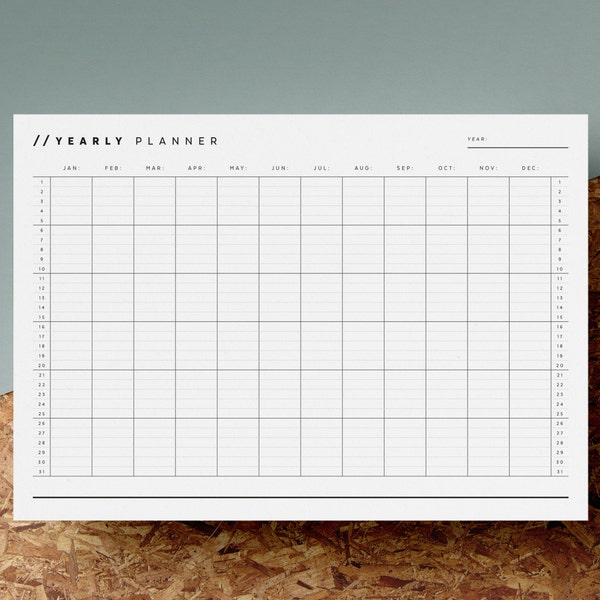 Open Dated Yearly Planner Printable | Any Year Calendar | 12 Month Overview | Minimalist | Black White | A4 | US Letter | Instant Download