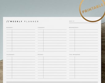 Weekly Planner Printable | To Do List | Undated Weekly Agenda | Minimal Overview | Black White | A4 | US Letter