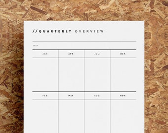 Quarterly Overview Printable | Undated Project Organiser | Year At A Glance | Minimalist | Black White | A4 | US Letter | Instant Download