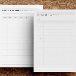 May include: A printable planner with two pages. The left page is a monthly content overview with a grid for each day of the month. The right page is a weekly social media plan with columns for day, description, time, and complete.
