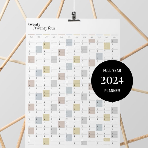 2024 volledige jaarmuurplanner | A2 & A1 portret jaarkalender | Afdrukbare PDF | 12 maanden wandkalender | Directe download