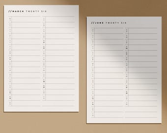 Calendario mensile Minimal Line 2026 / PDF stampabile / Planner 12 mesi / A4 / Lettera USA / Download immediato