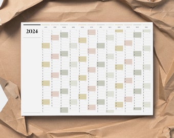 Printable PDF | A2 & A1 Yearly Landscape Wall Planner | 2024 Full Year Calendar | Yearly Calendar | 12 Months | Instant Download