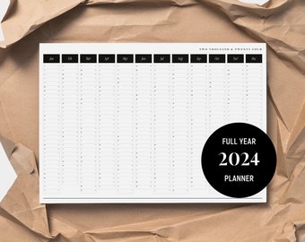 Printable PDF | 2024 Landscape Yearly Wall Planner | A2 & A1 Wall Calendar | Black White Minimal | Instant Download