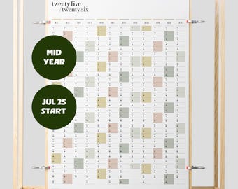 Printable PDF | 2025-2026 Mid Year Wall Planner | July Start | A2 & A1 Portrait Yearly Calendar | Full Year Overview | Instant Download