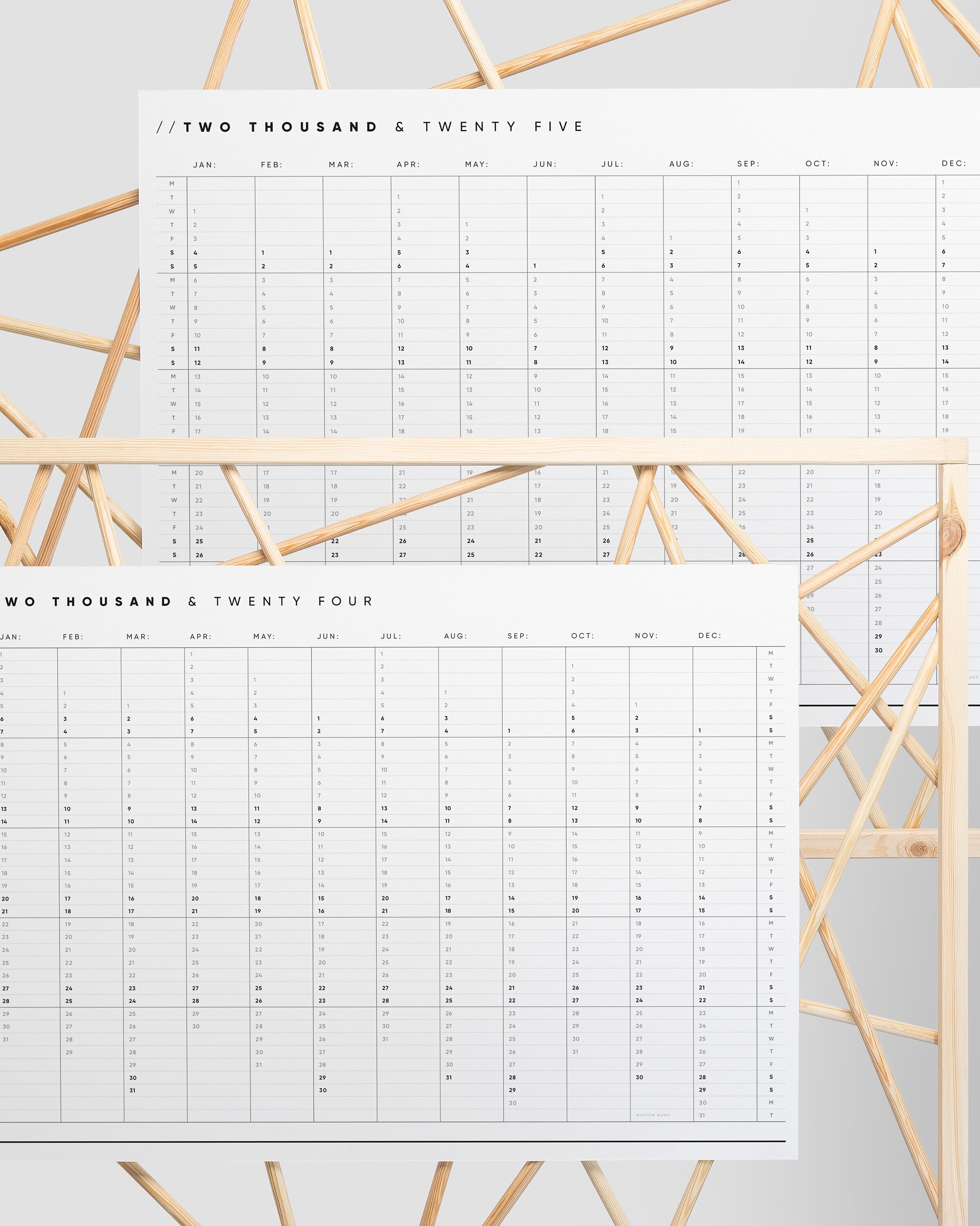 Printable PDF 2024 2025 Wall Planner Duo Minimal Yearly Calendar A2 A1