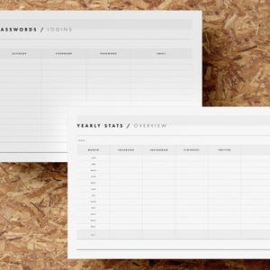 May include: A printable worksheet with two sections. The top section is titled "Passwords / Logins" and has columns for account, username, password, and email. The bottom section is titled "Yearly Stats / Overview" and has columns for month, Facebook, Instagram, Pinterest, and Twitter.
