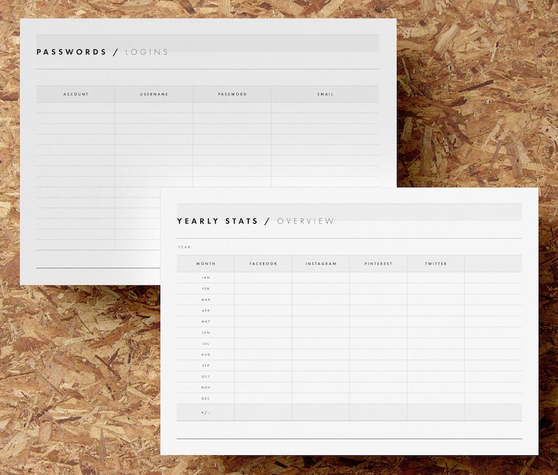 May include: A printable worksheet with two sections. The top section is titled "Passwords / Logins" and has columns for account, username, password, and email. The bottom section is titled "Yearly Stats / Overview" and has columns for month, Facebook, Instagram, Pinterest, and Twitter.